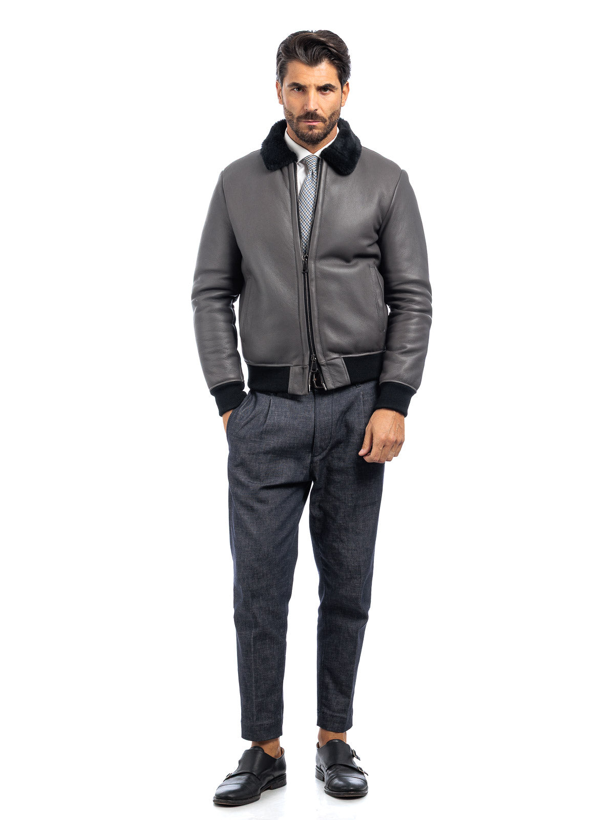 Bomber interamente in montone grigio pelo nero - linea OVER