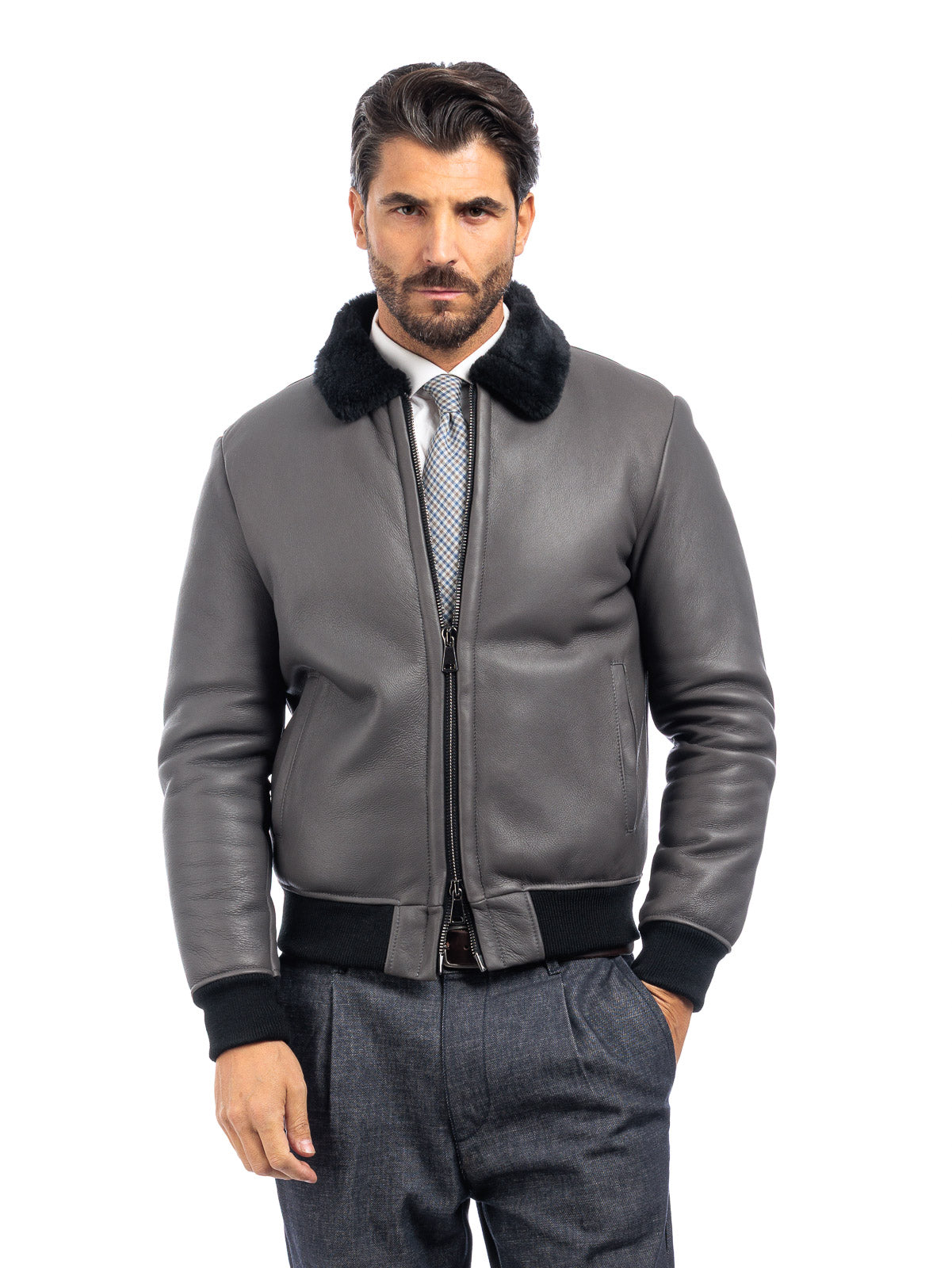 Bomber interamente in montone grigio pelo nero - linea OVER