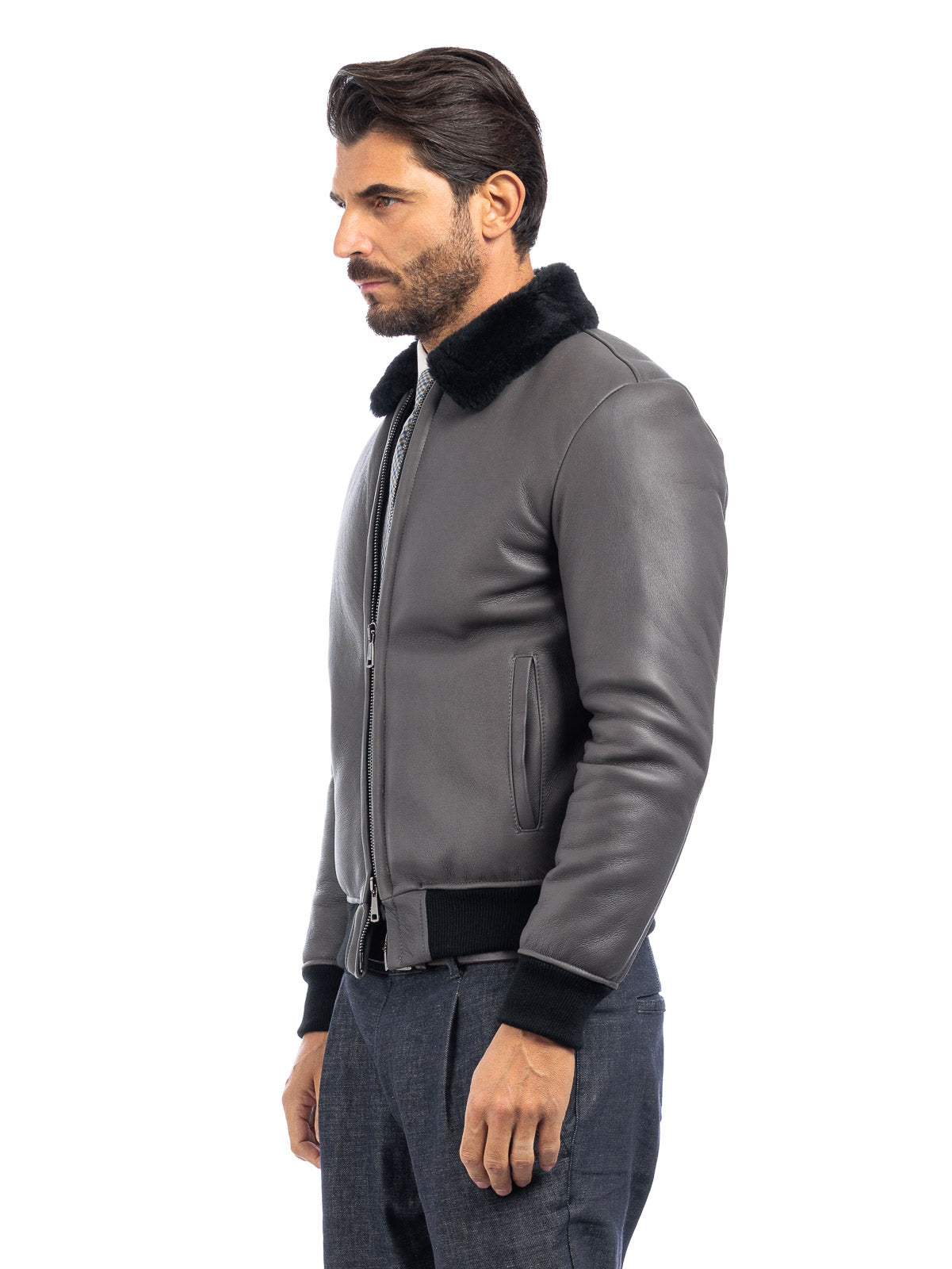 Bomber interamente in montone grigio pelo nero - linea OVER