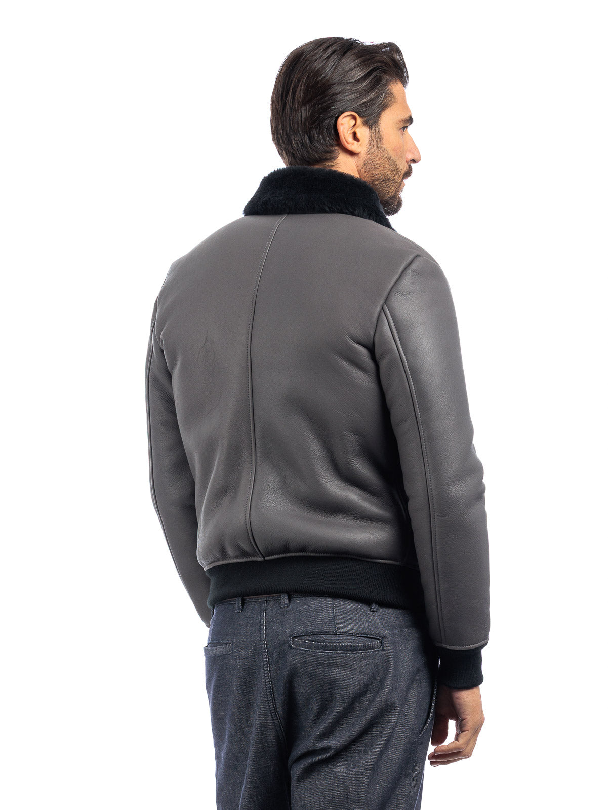 Bomber interamente in montone grigio pelo nero - linea OVER