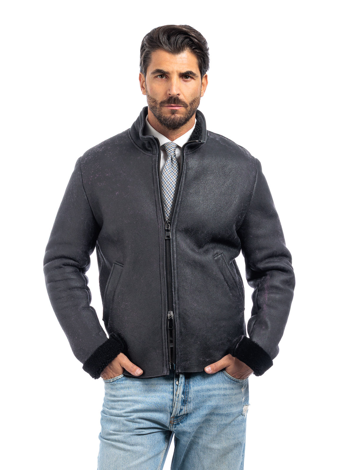 Bomber interamente in montone grigio/viola pelo nero - linea OVER