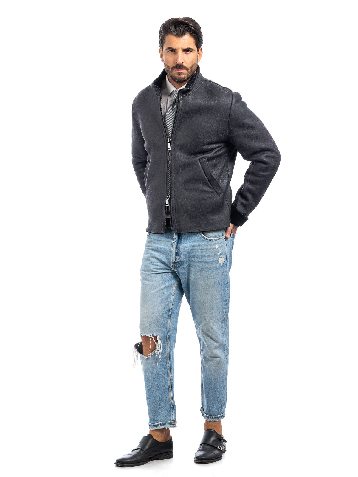 Bomber interamente in montone grigio/viola pelo nero - linea OVER