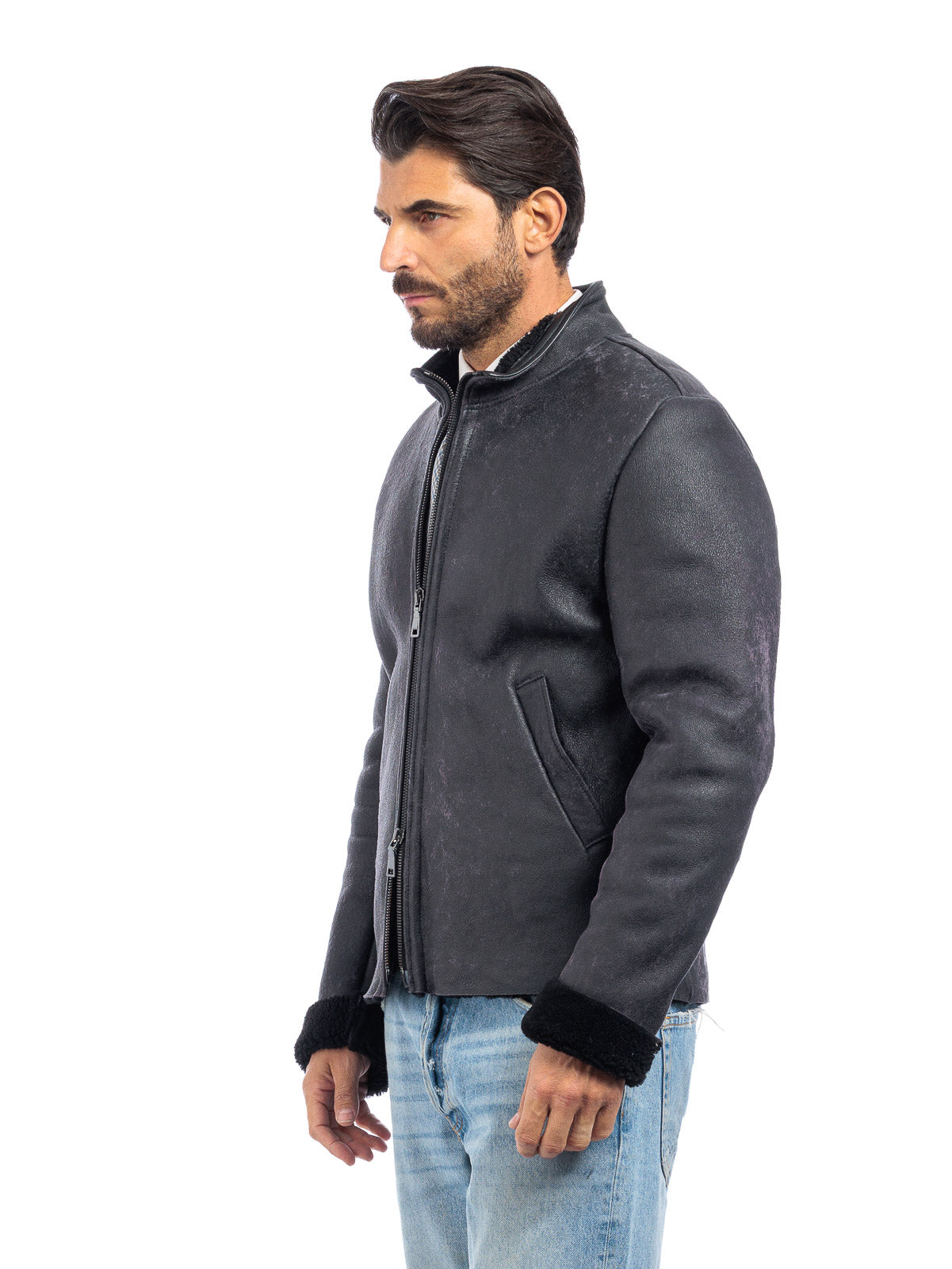 Bomber interamente in montone grigio/viola pelo nero - linea OVER