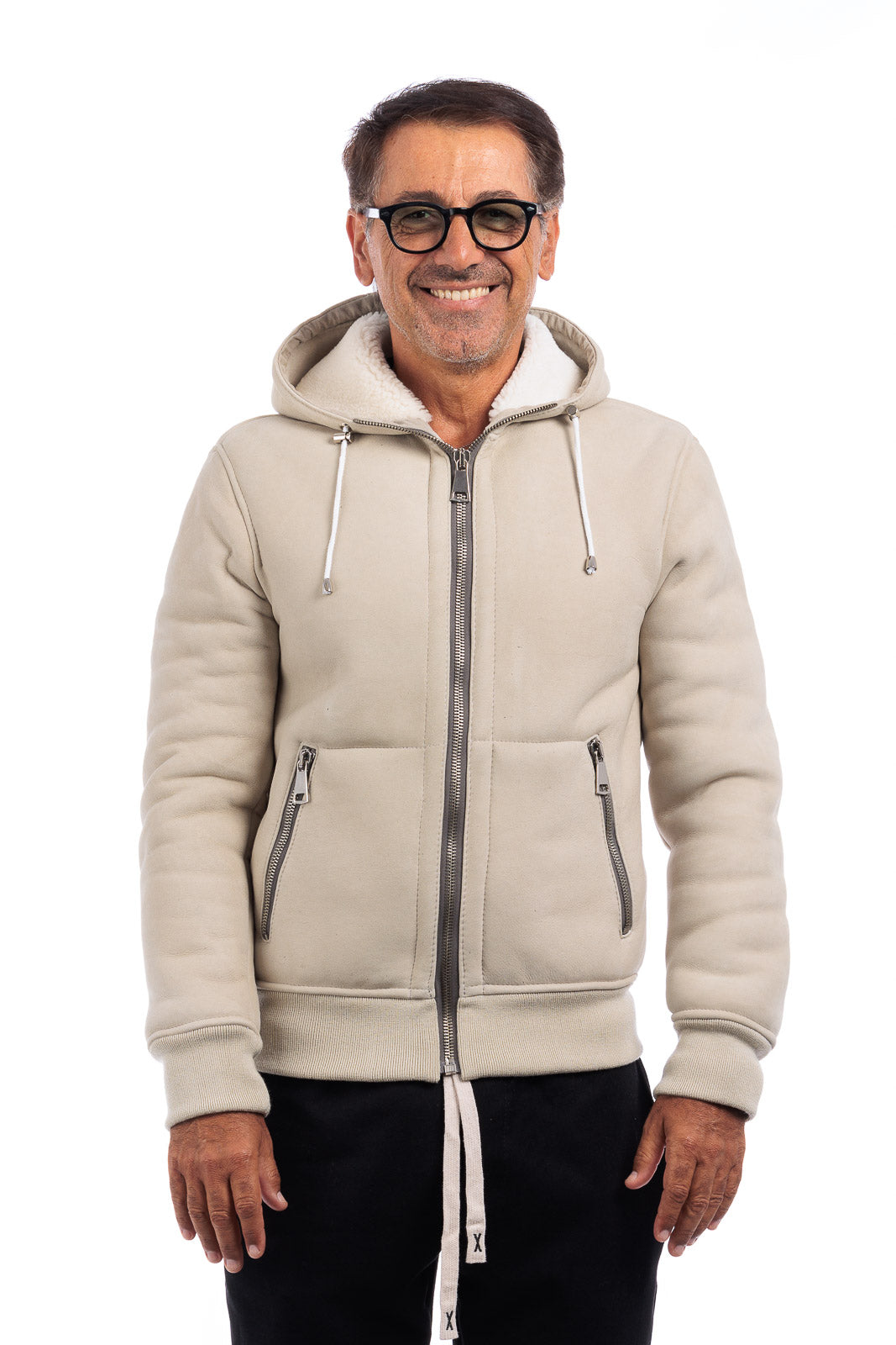 Bomber interamente in montone idrorepellente sabbia pelo bianco uomo con zip
