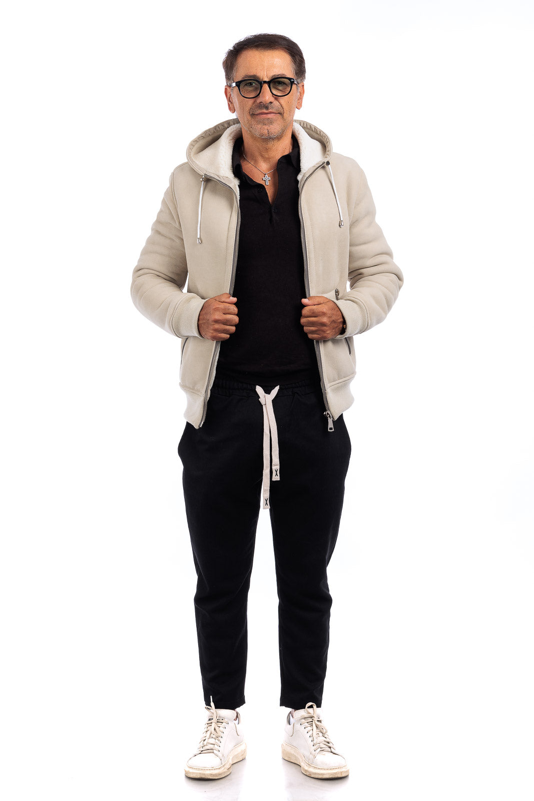Bomber interamente in montone idrorepellente sabbia pelo bianco uomo con zip