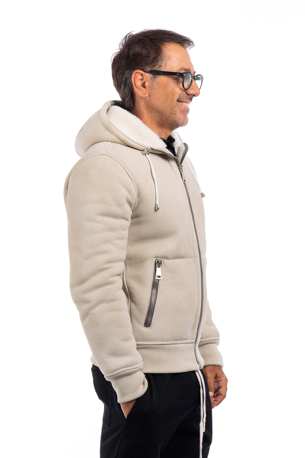 Bomber interamente in montone idrorepellente sabbia pelo bianco uomo con zip