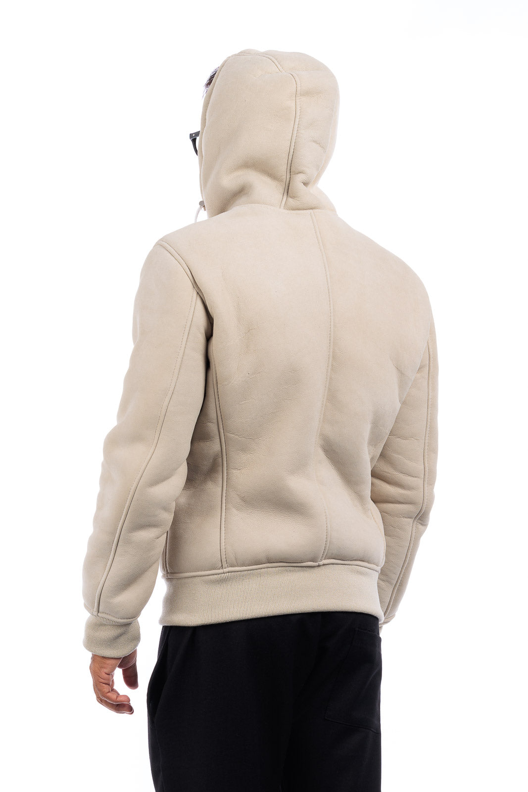 Bomber interamente in montone idrorepellente sabbia pelo bianco uomo con zip
