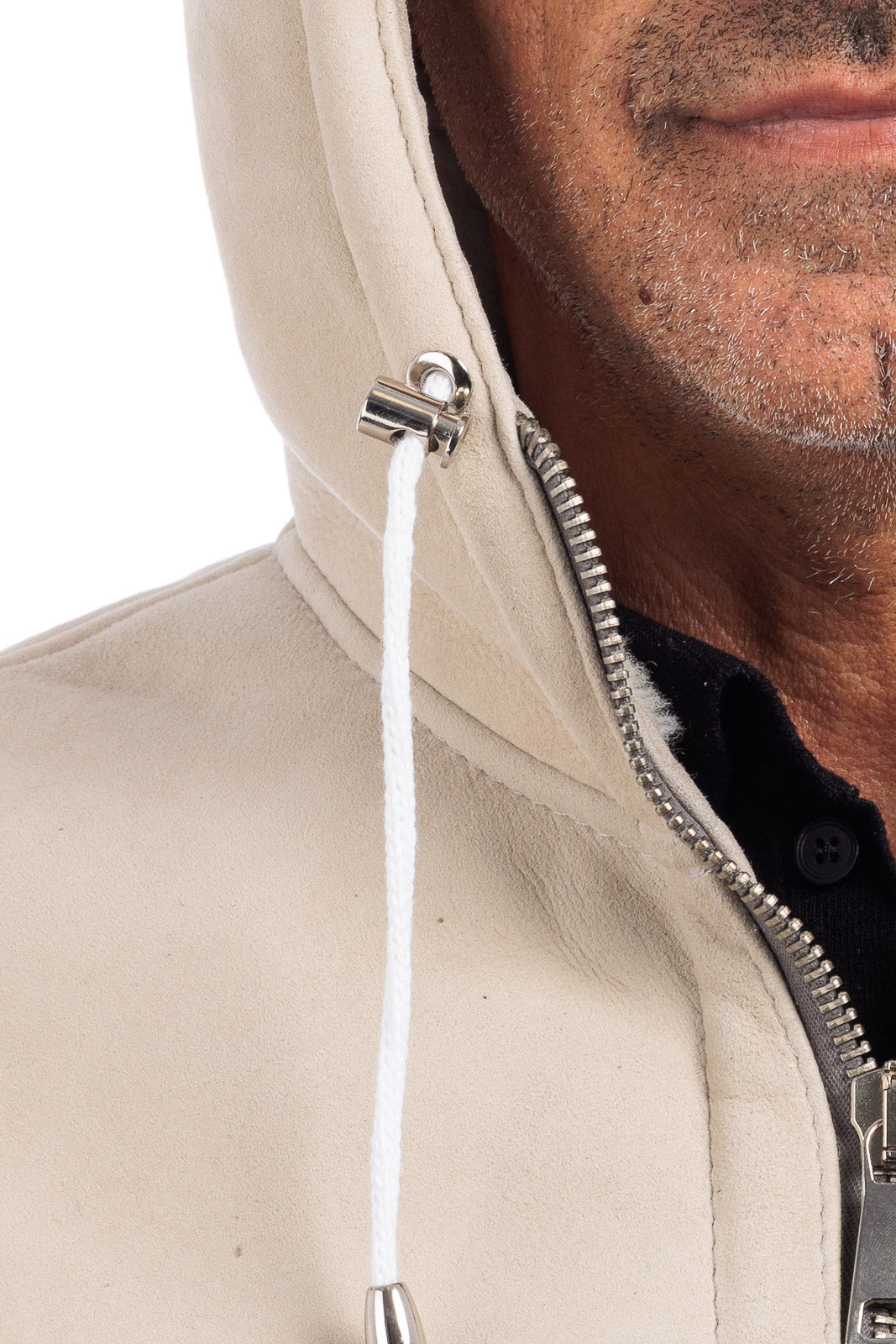 Bomber interamente in montone idrorepellente sabbia pelo bianco uomo con zip