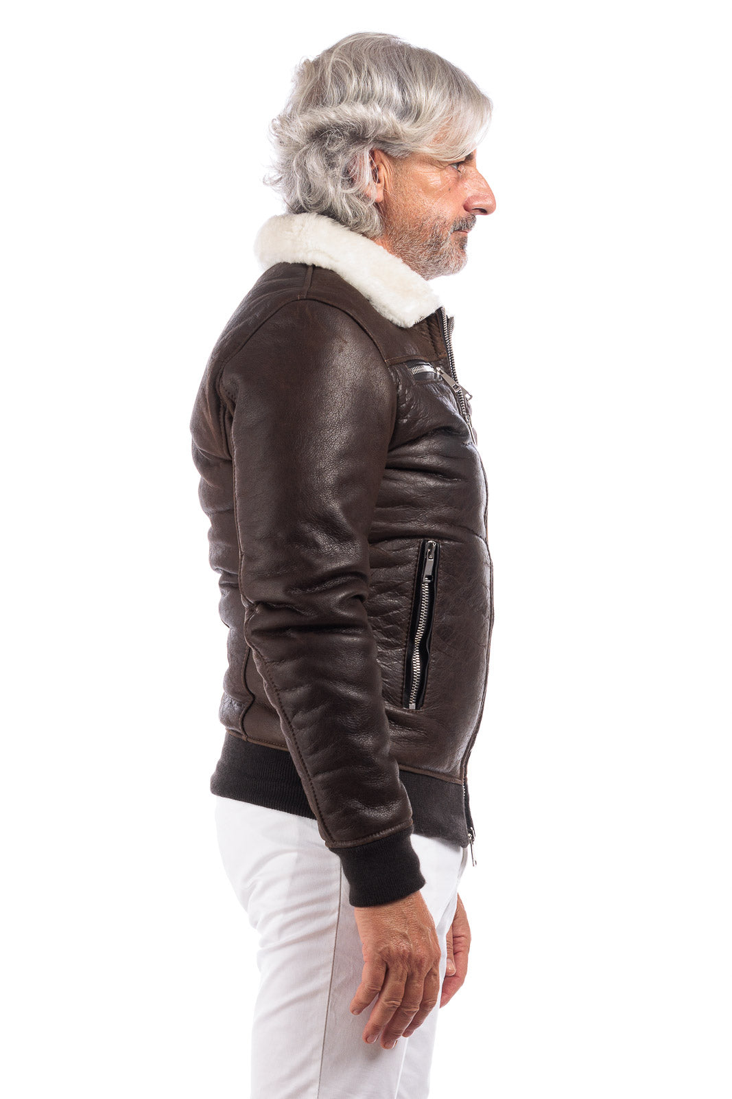 Bomber interamente in montone marrone pelo bianco con zip
