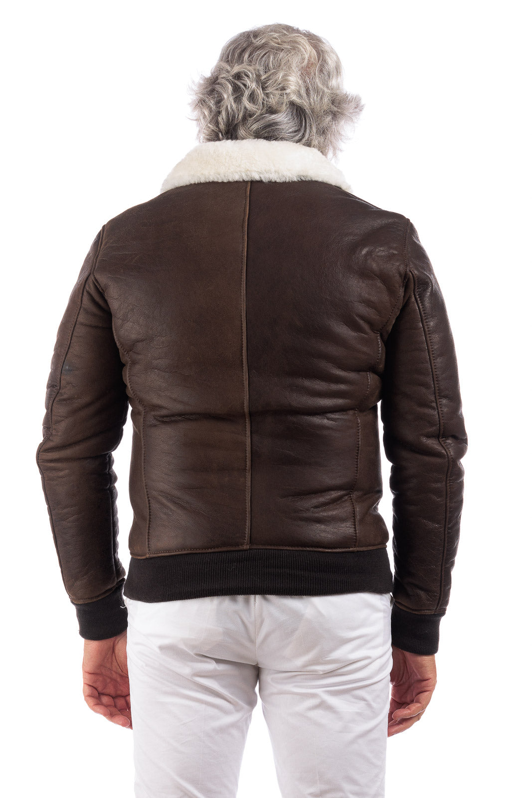 Bomber interamente in montone marrone pelo bianco con zip