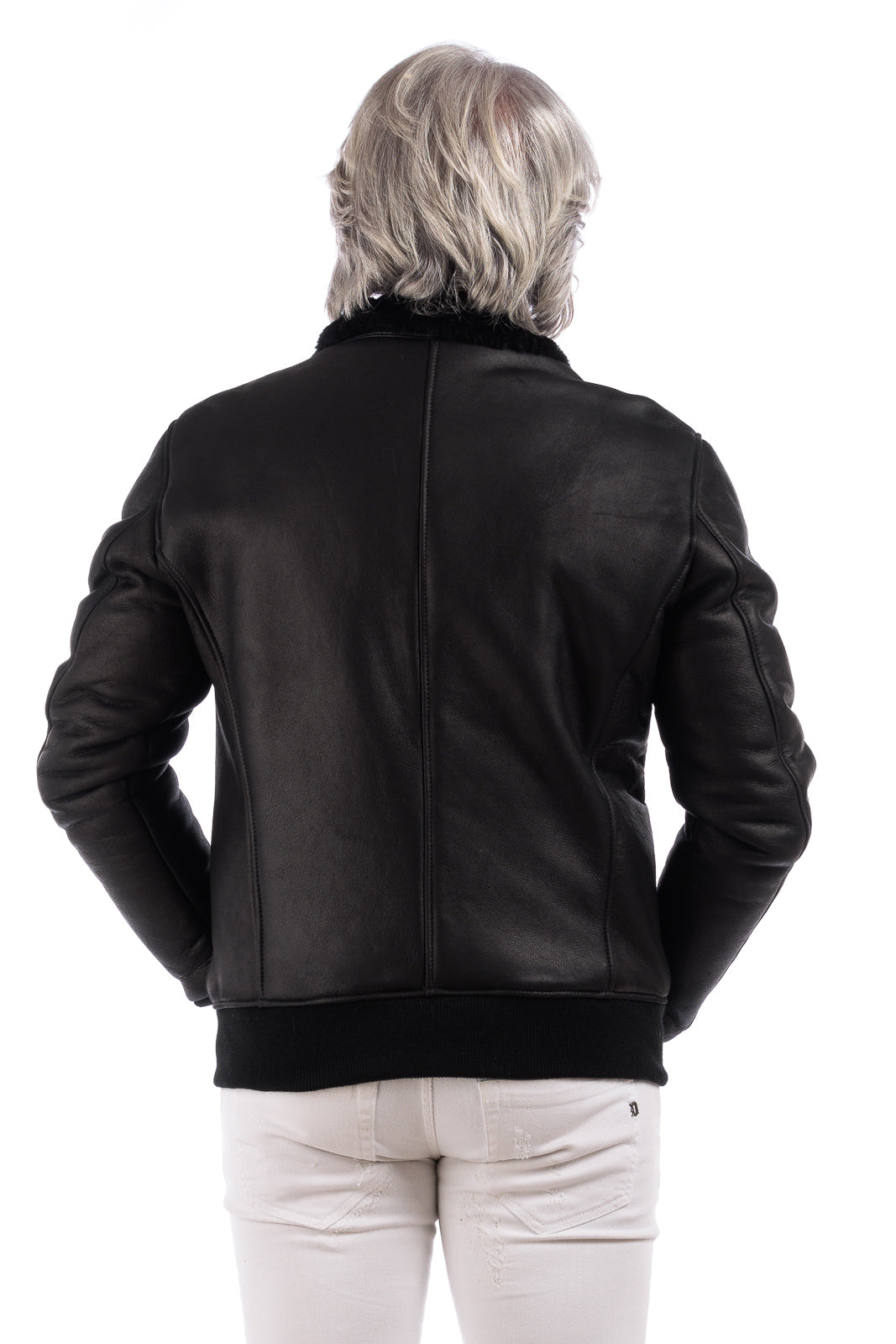 Bomber interamente in montone nero pelo nero con zip