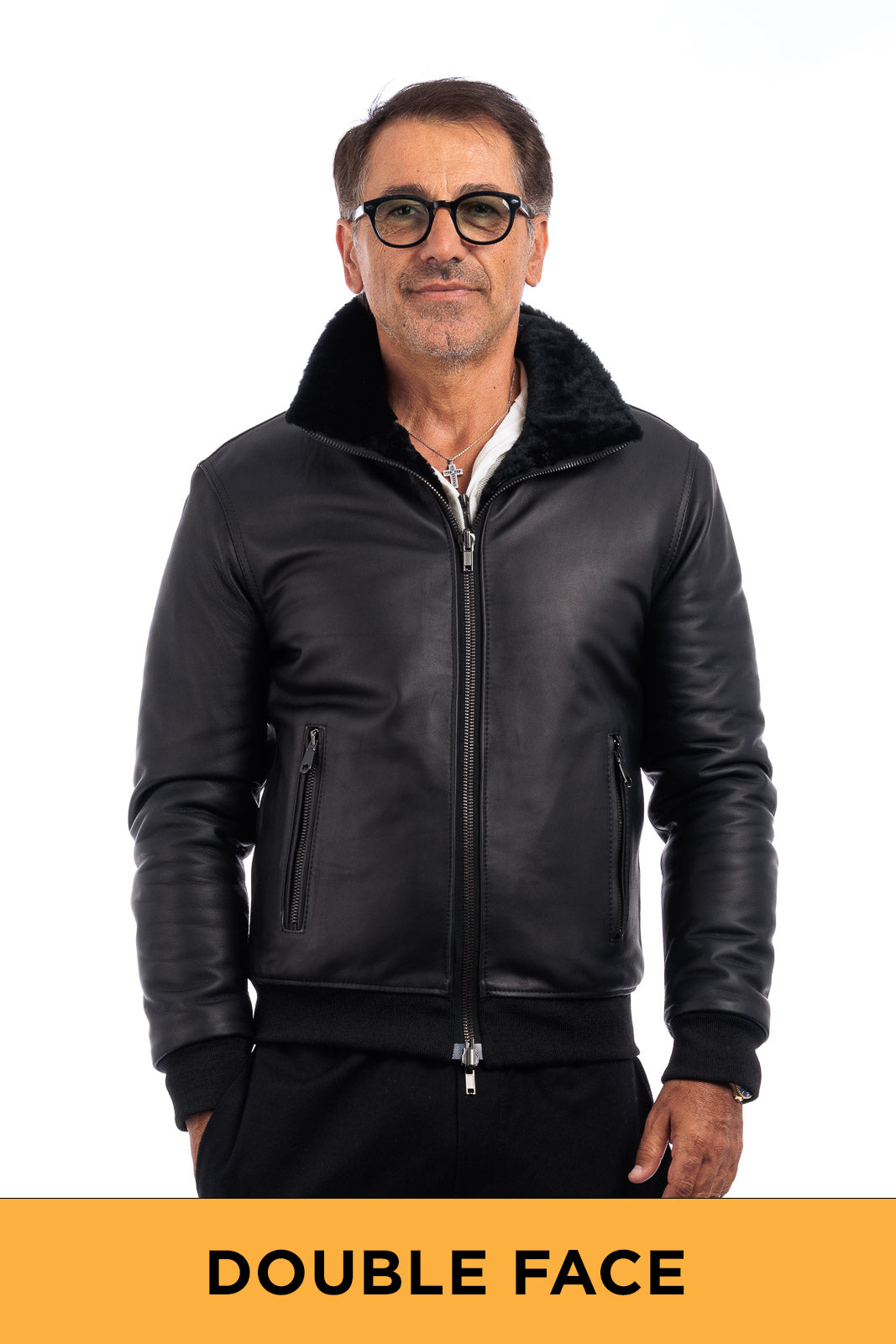 Bomber interamente in montone rovesciato nero con zip double face