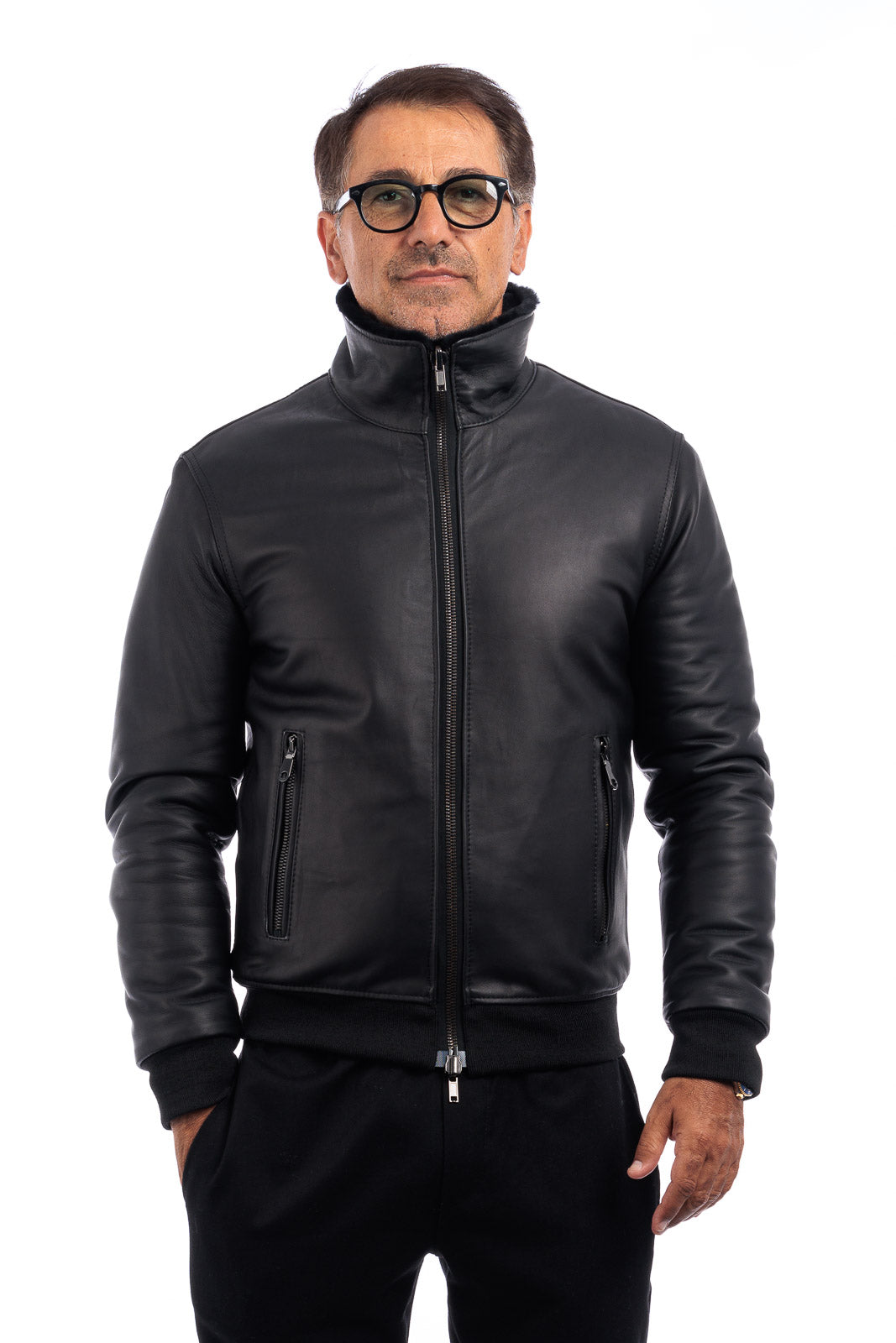 Bomber interamente in montone rovesciato nero con zip double face