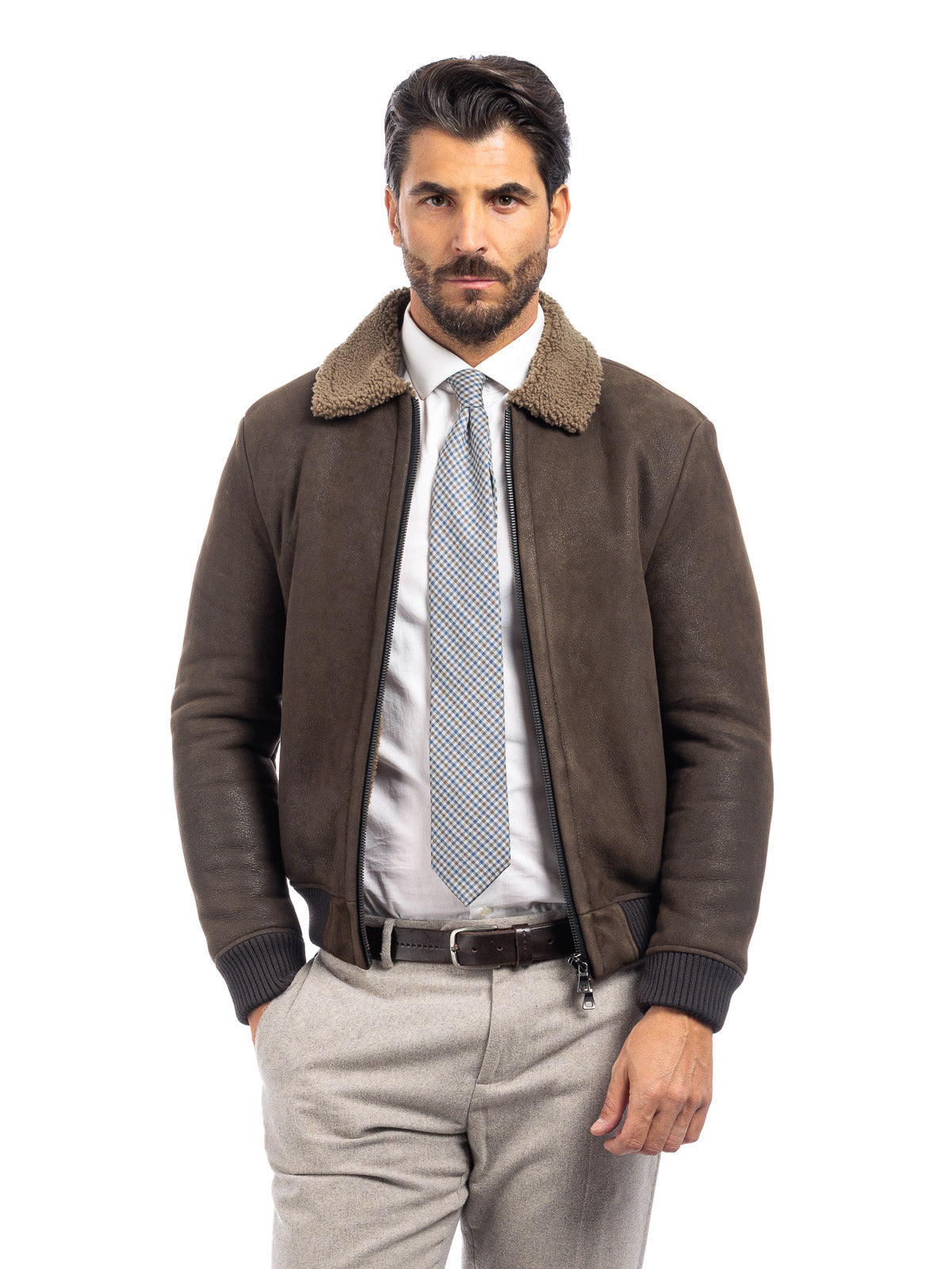 Bomber interamente in montone verde pelo taupe - linea OVER