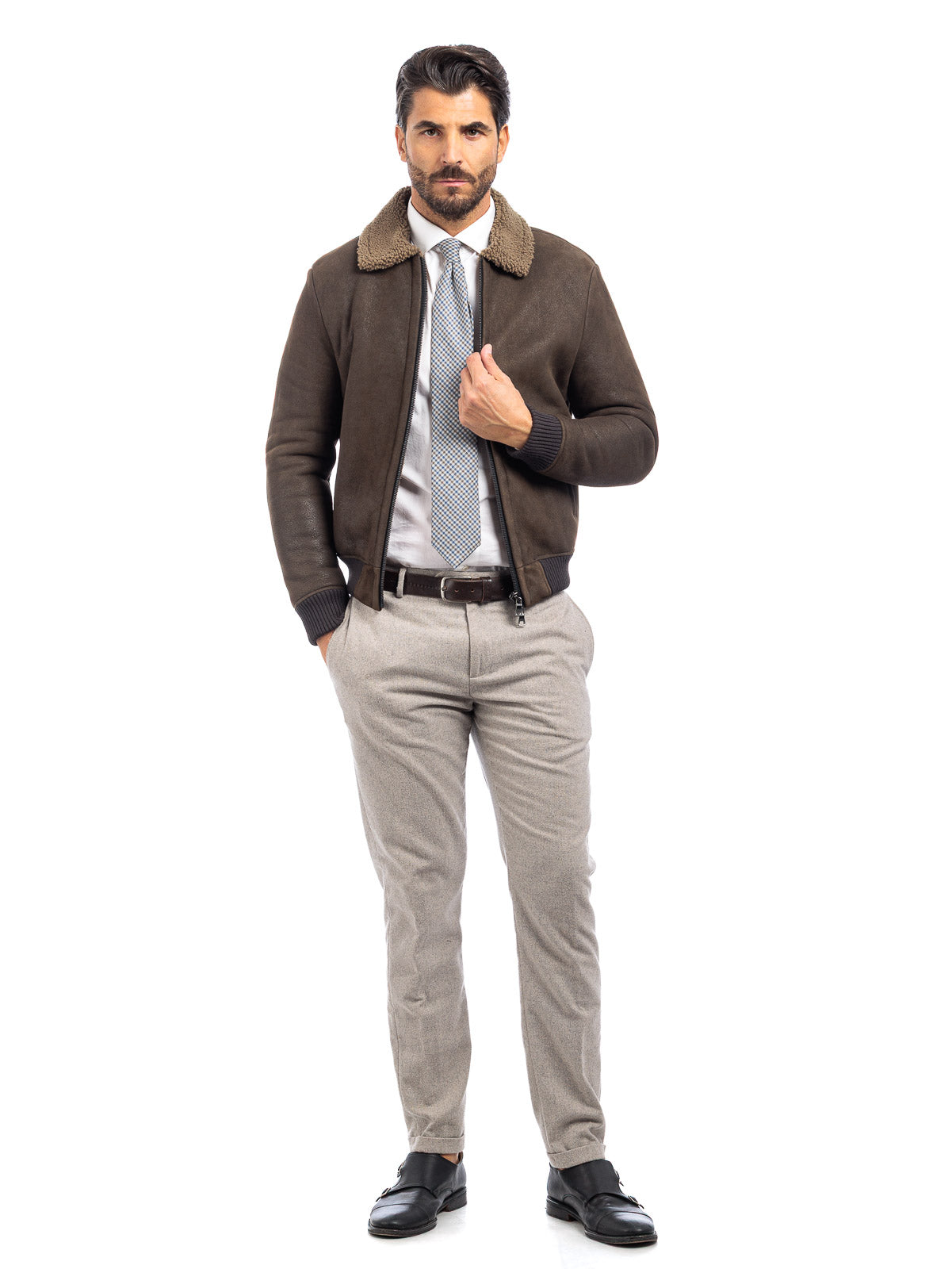 Bomber interamente in montone verde pelo taupe - linea OVER