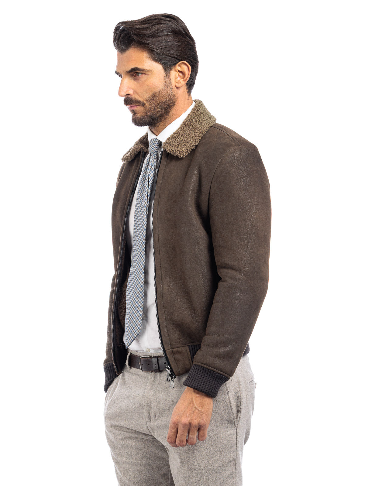 Bomber interamente in montone verde pelo taupe - linea OVER