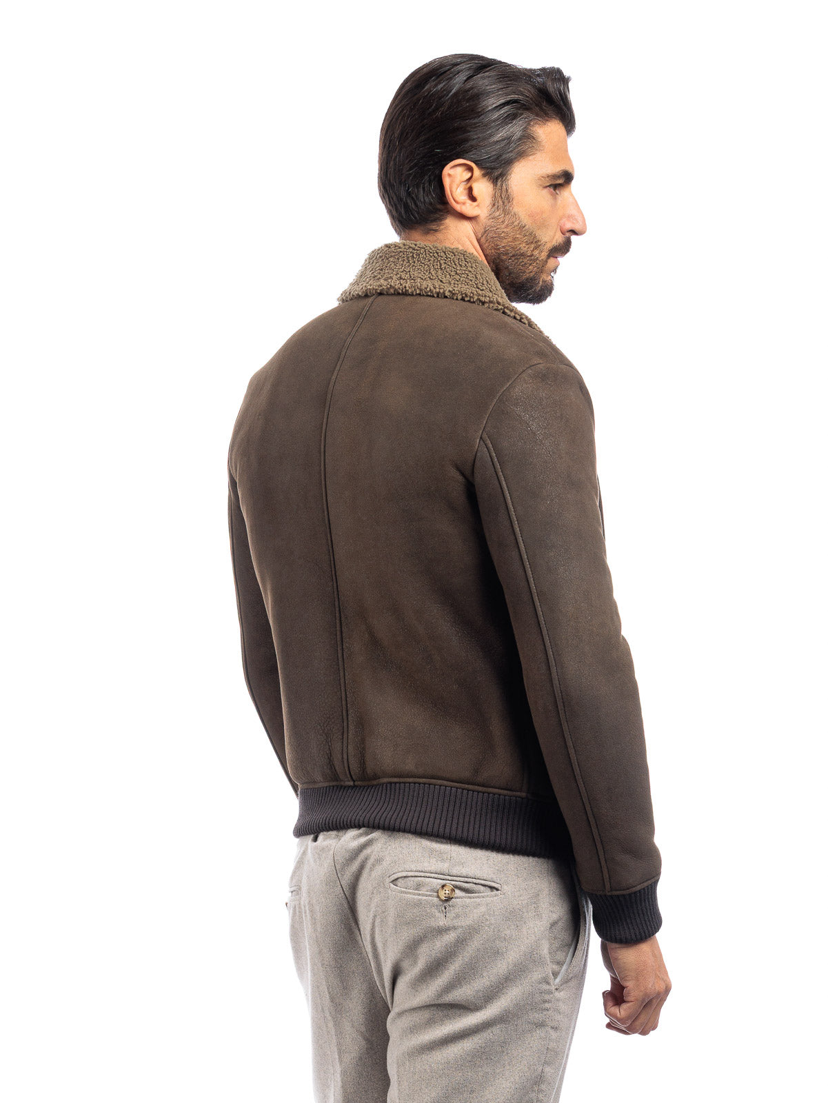 Bomber interamente in montone verde pelo taupe - linea OVER