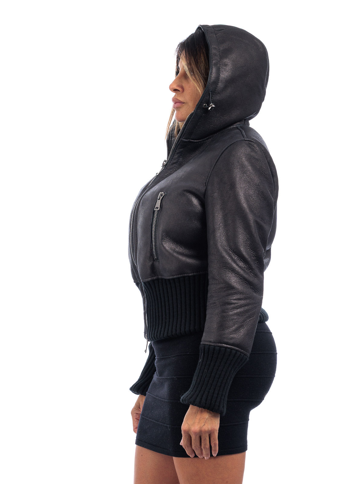 Bomber montone nero donna con zip e cappuccio