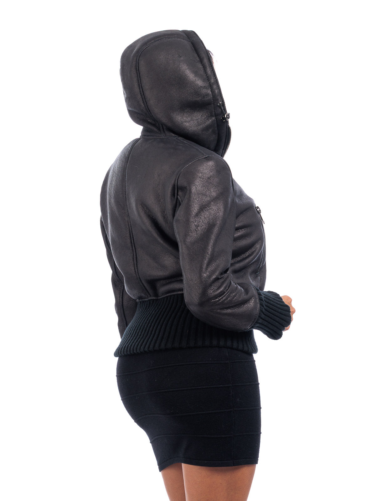 Bomber montone nero donna con zip e cappuccio