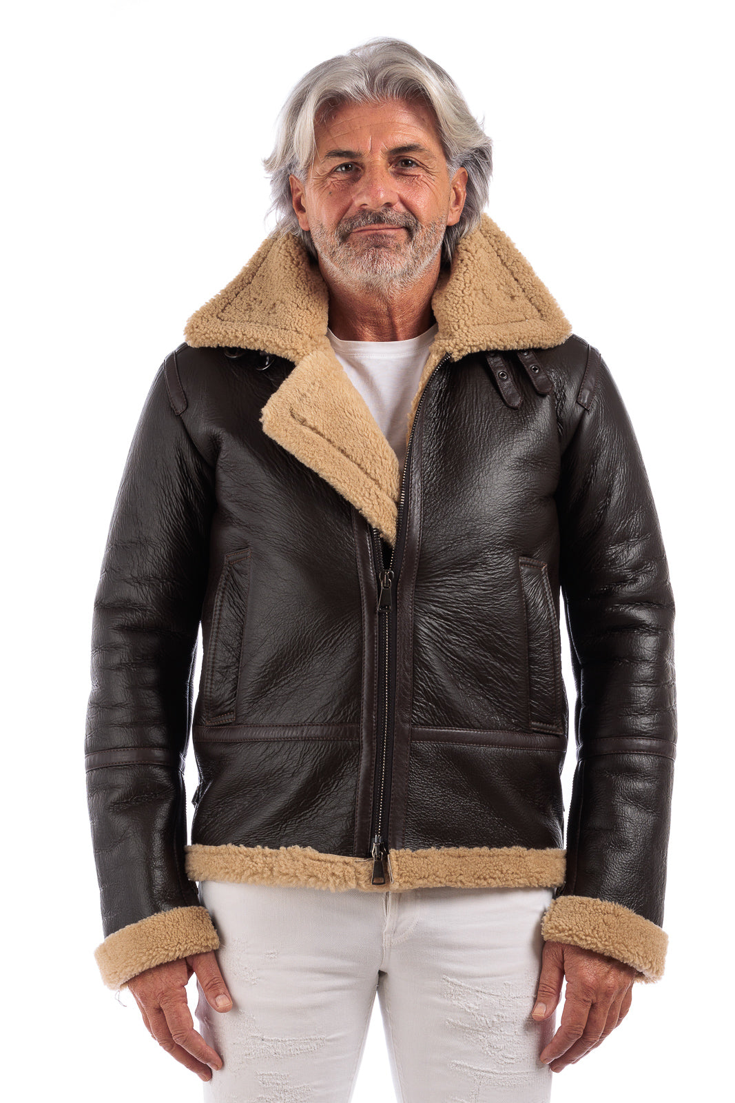 Bomber montone pelo beige con zip aviatore ROCKY B3