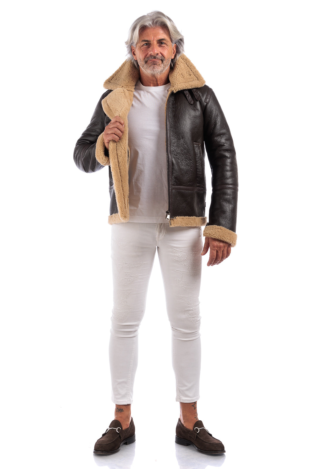 Bomber montone pelo beige con zip aviatore ROCKY B3