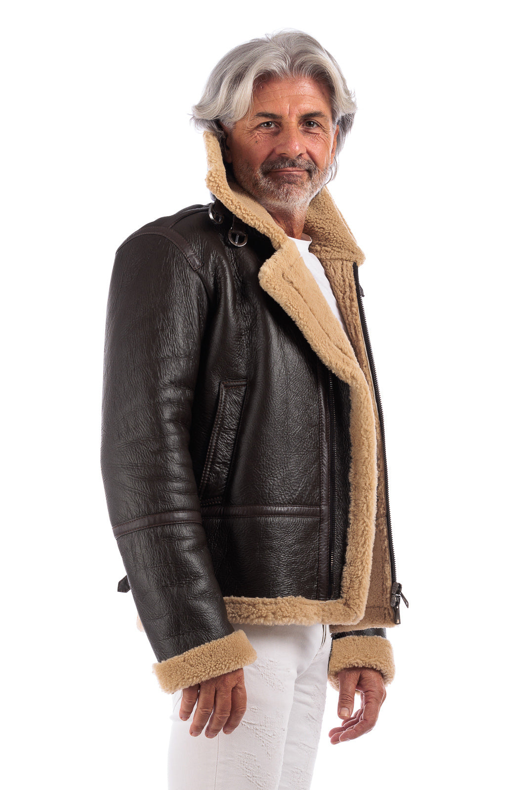 Bomber montone pelo beige con zip aviatore ROCKY B3