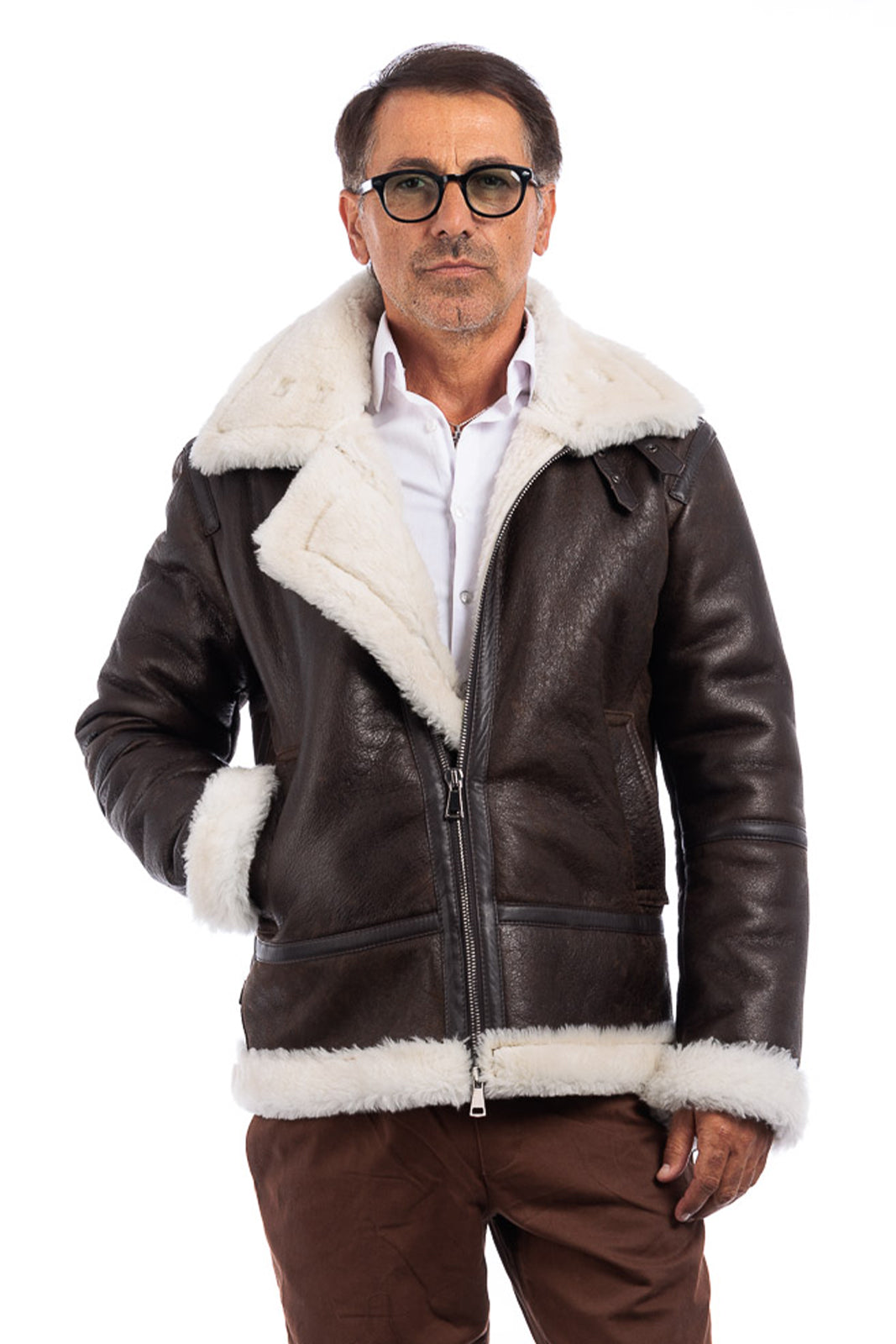 Bomber montone pelo bianco uomo con zip aviatore ROCKY B3