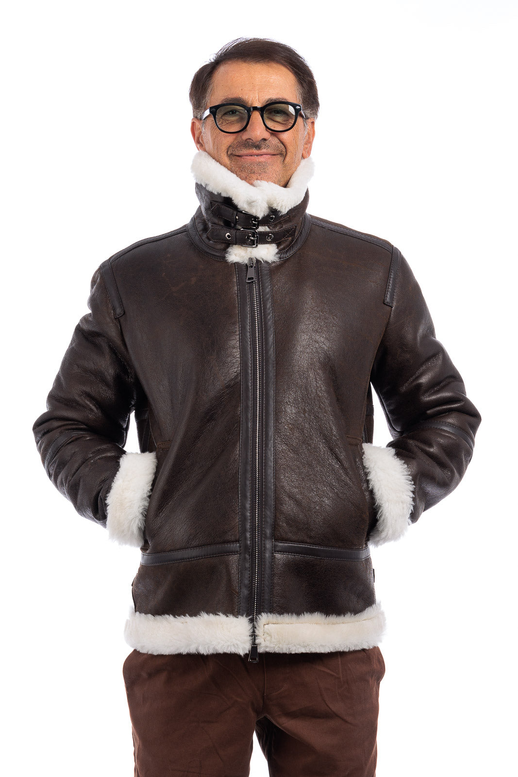 Bomber montone pelo bianco uomo con zip aviatore ROCKY B3