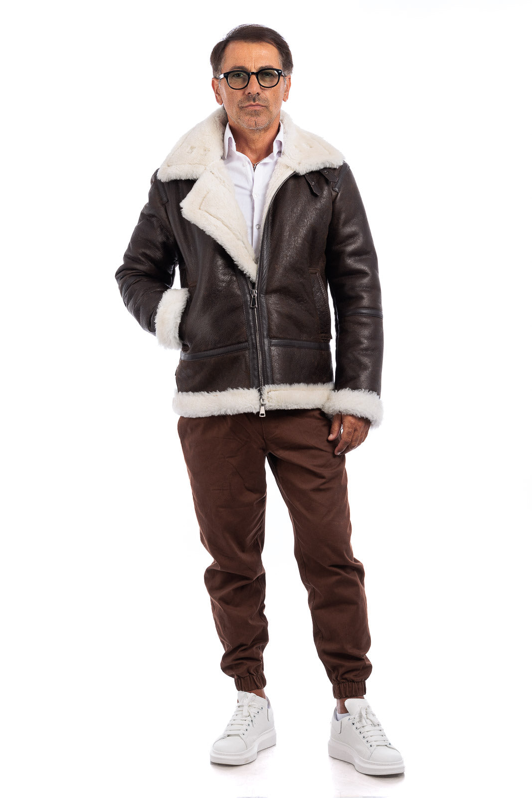 Bomber montone pelo bianco uomo con zip aviatore ROCKY B3