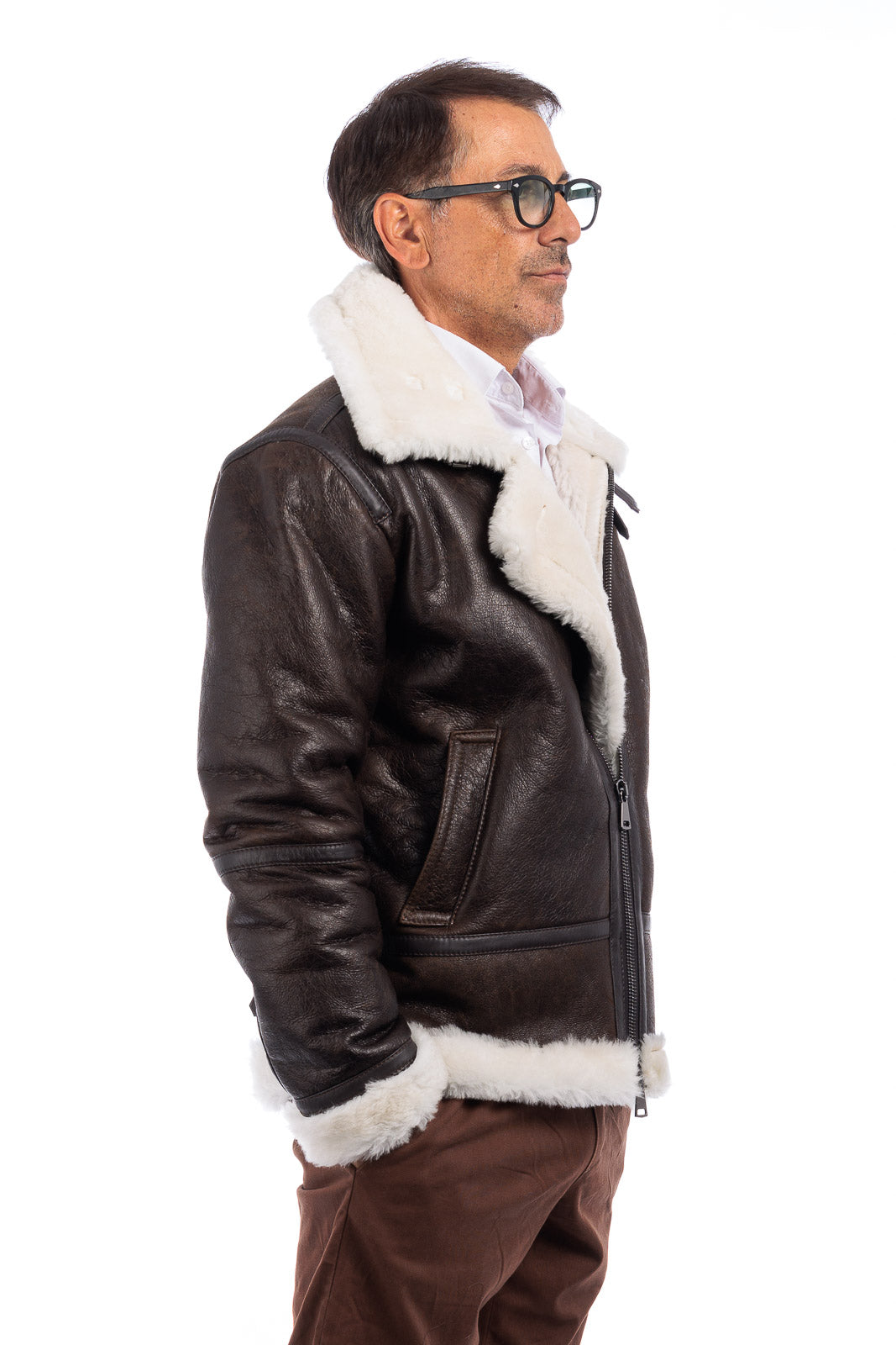 Bomber montone pelo bianco uomo con zip aviatore ROCKY B3