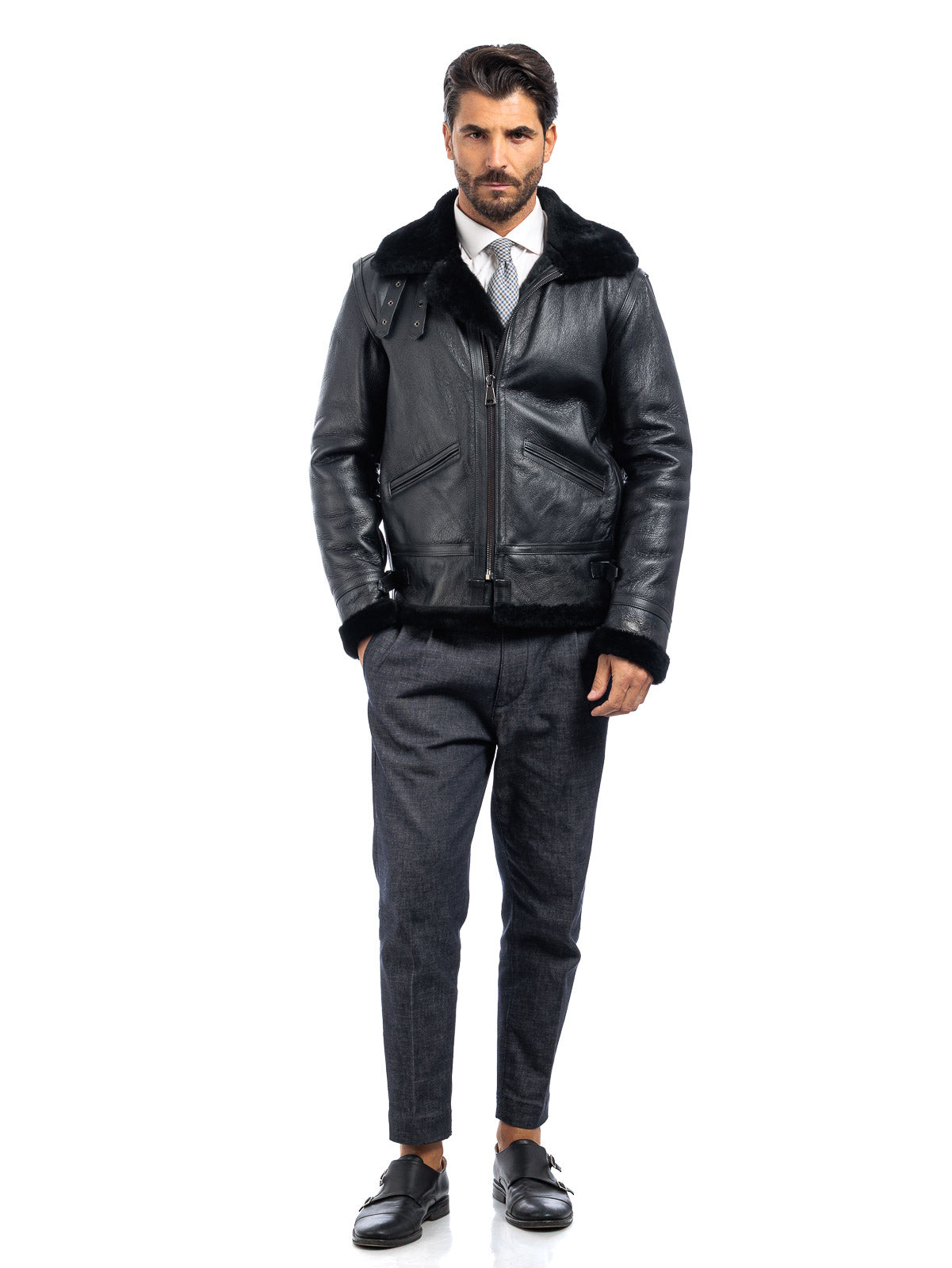 Bomber montone pelo nero uomo con zip aviatore B5