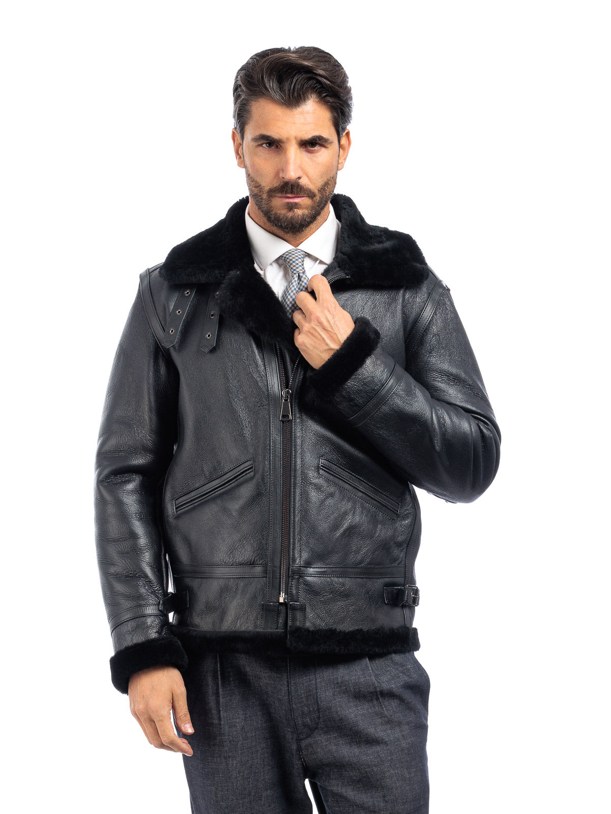 Bomber montone pelo nero uomo con zip aviatore B5