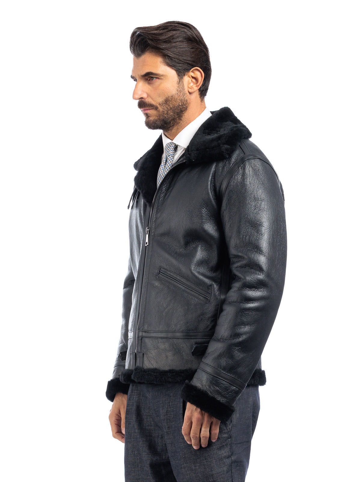 Bomber montone pelo nero uomo con zip aviatore B5