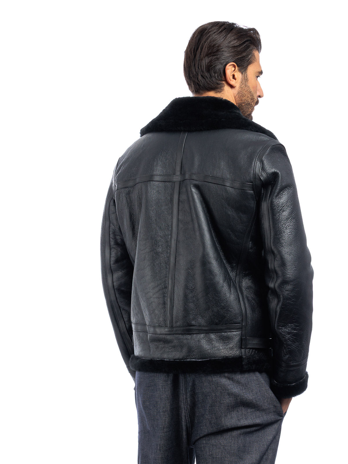Bomber montone pelo nero uomo con zip aviatore B5
