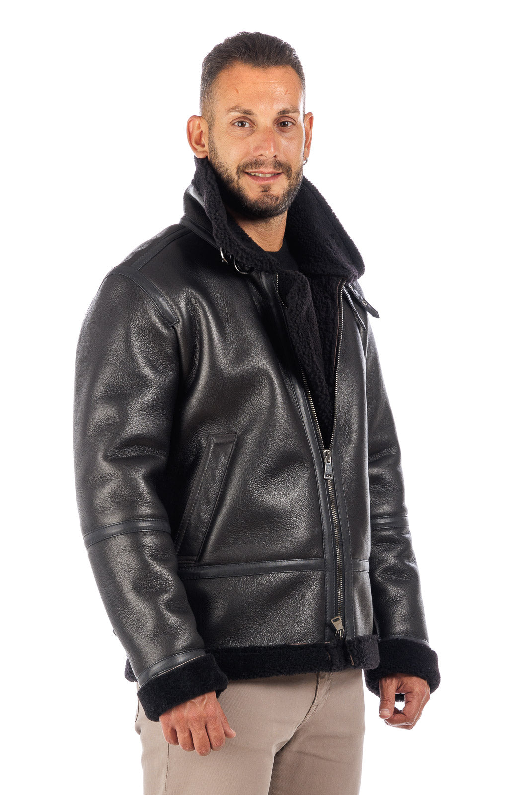 Bomber montone pelo nero uomo con zip aviatore ROCKY B3