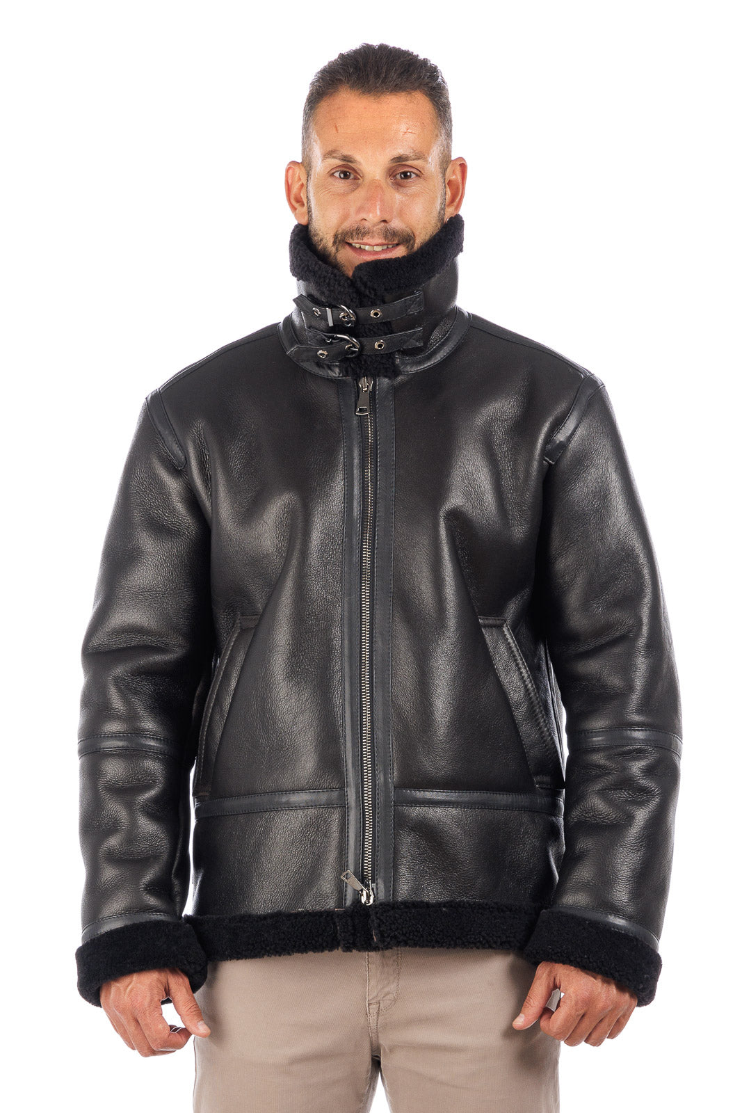 Bomber montone pelo nero uomo con zip aviatore ROCKY B3