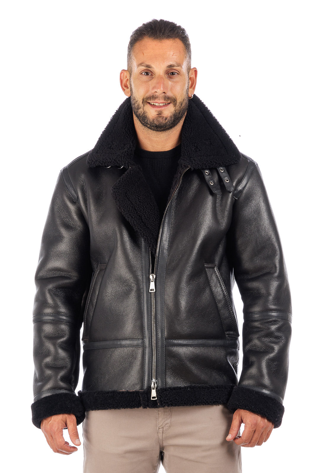 Bomber montone pelo nero uomo con zip aviatore ROCKY B3