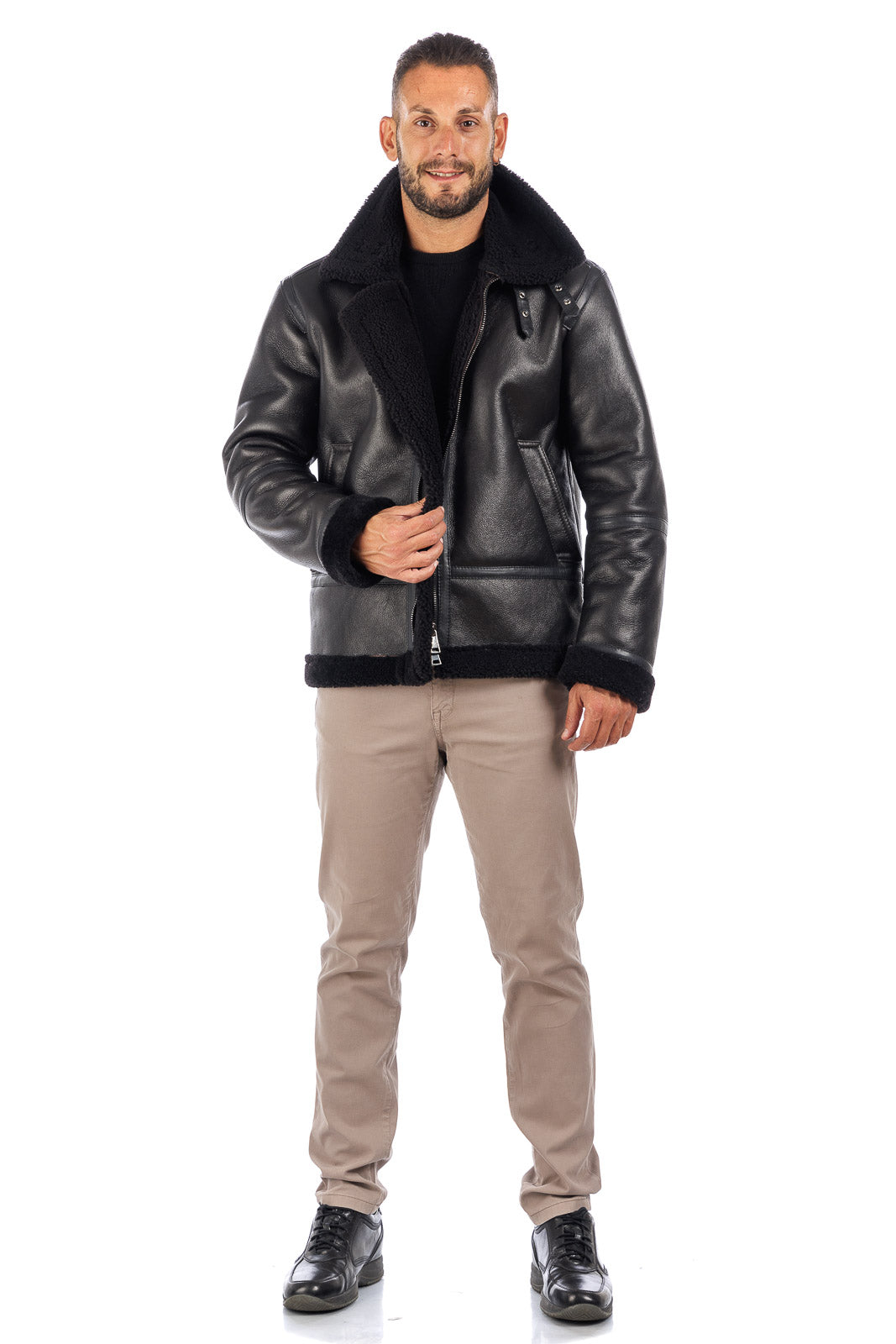 Bomber montone pelo nero uomo con zip aviatore ROCKY B3