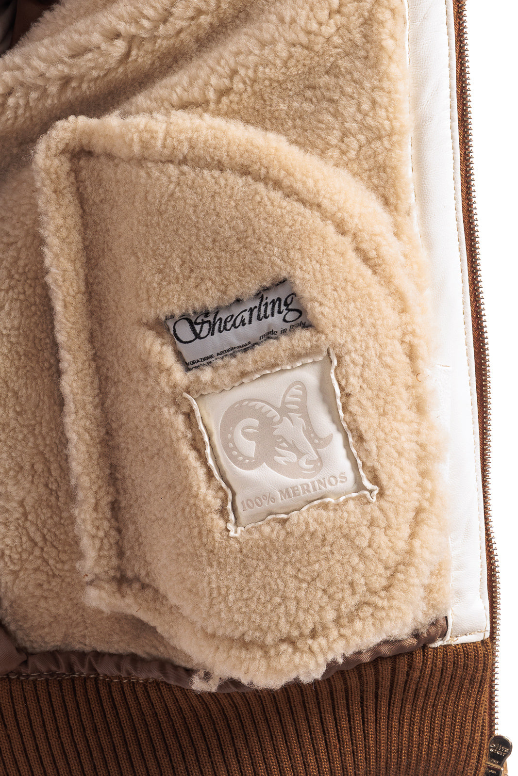 Bomber montone scamosciato marrone con pelo panna con cappuccio uomo