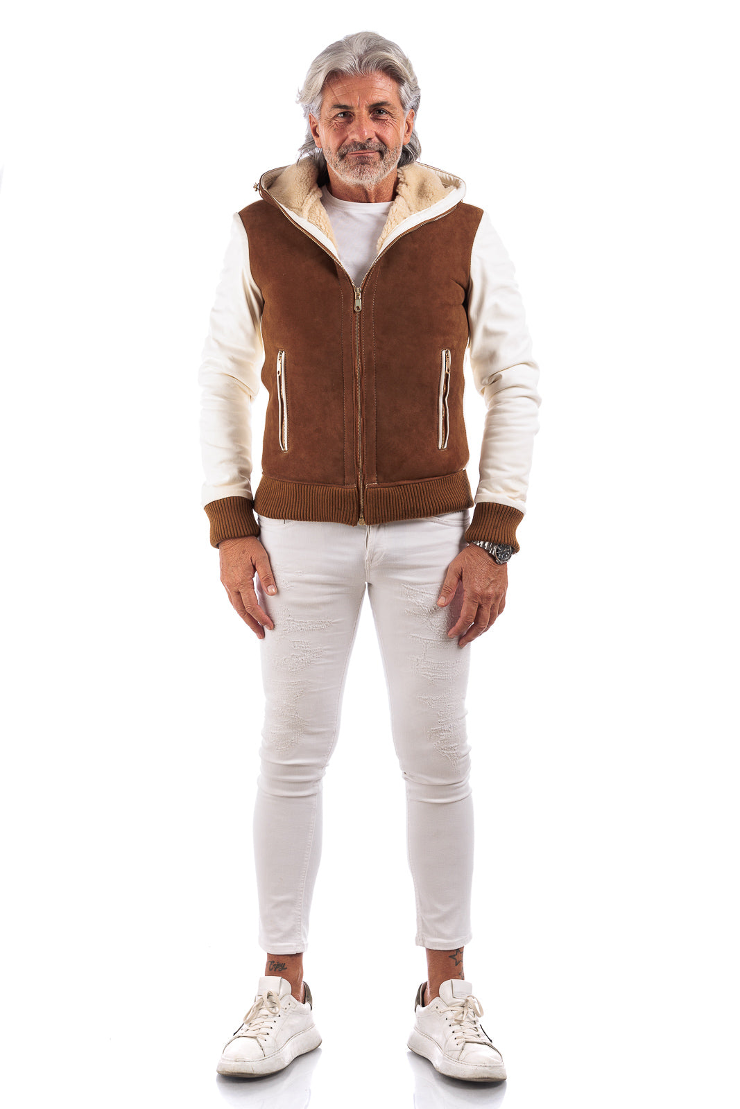 Bomber montone scamosciato marrone con pelo panna con cappuccio uomo