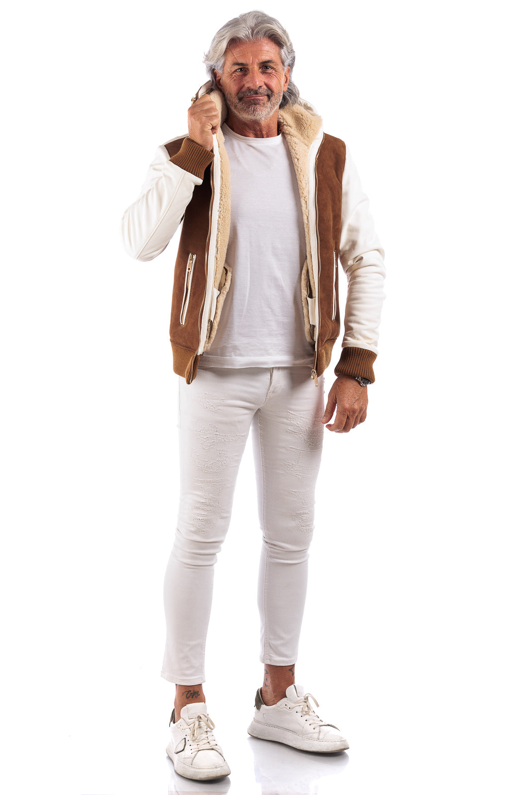 Bomber montone scamosciato marrone con pelo panna con cappuccio uomo
