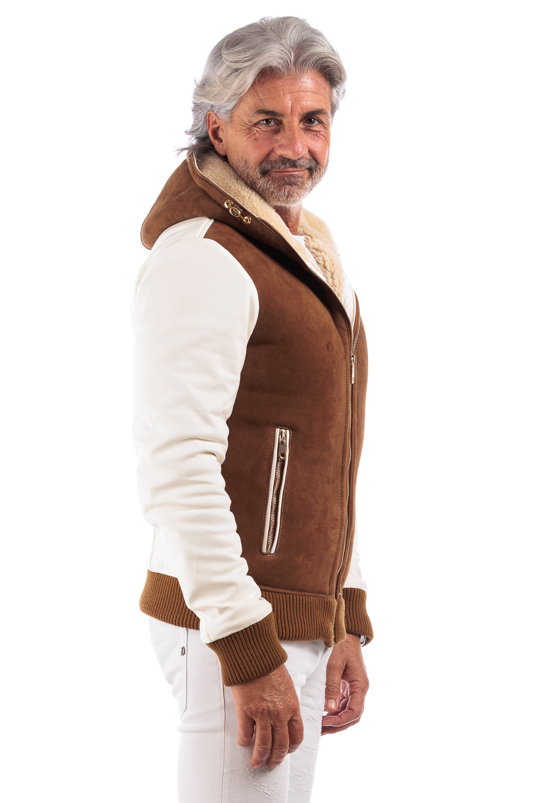 Bomber montone scamosciato marrone con pelo panna con cappuccio uomo