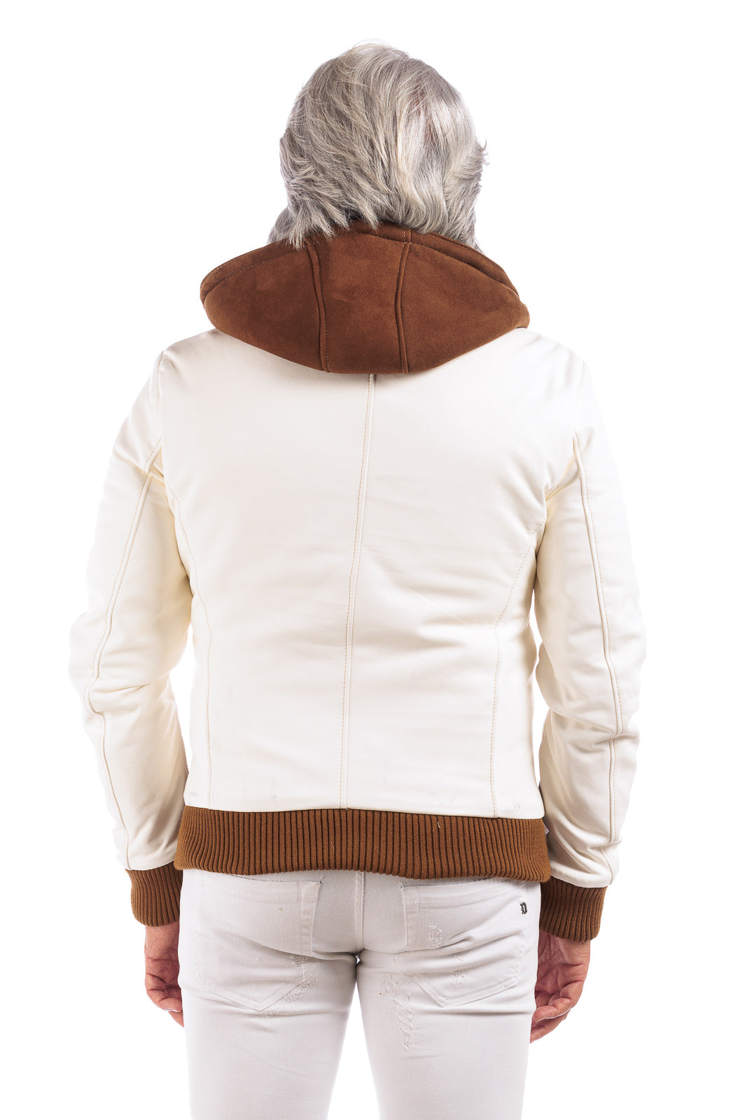 Bomber montone scamosciato marrone con pelo panna con cappuccio uomo