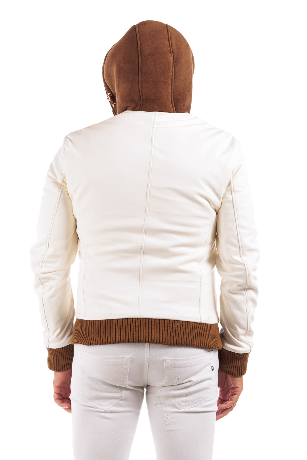 Bomber montone scamosciato marrone con pelo panna con cappuccio uomo