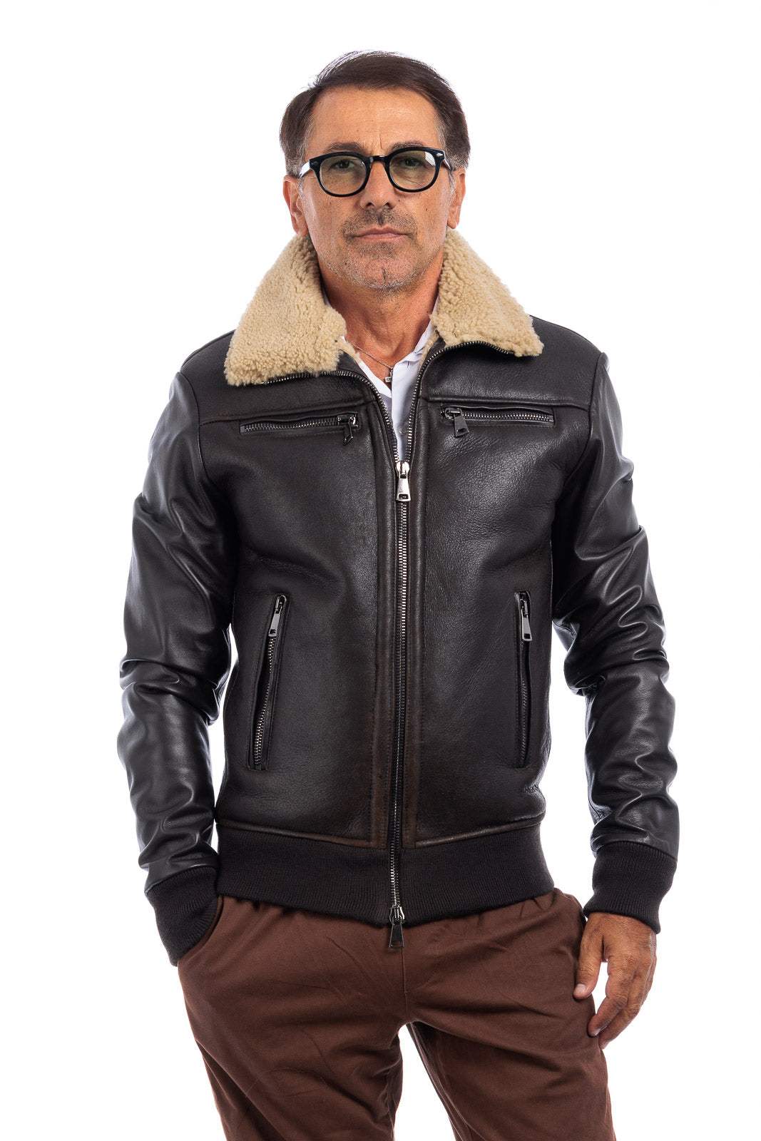Bomber montone shearling testa di moro pelo beige con zip