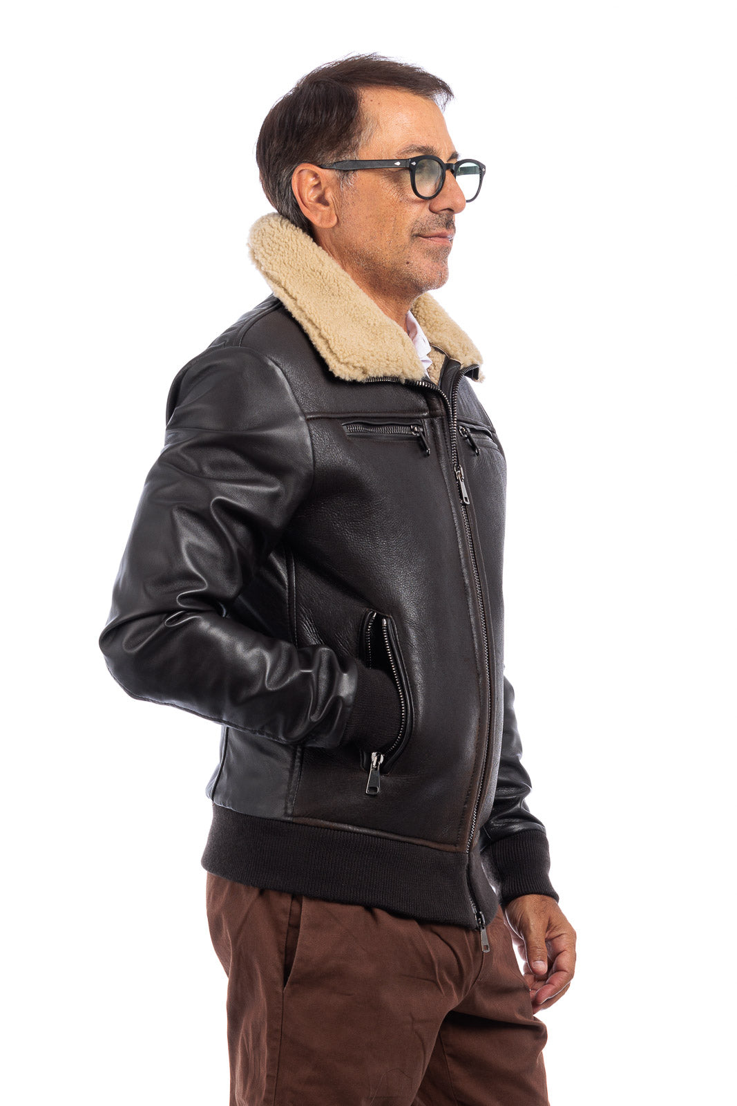 Bomber montone shearling testa di moro pelo beige con zip