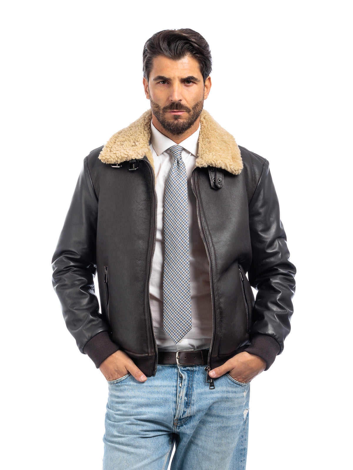 Bomber montone shearling testa di moro pelo beige con zip