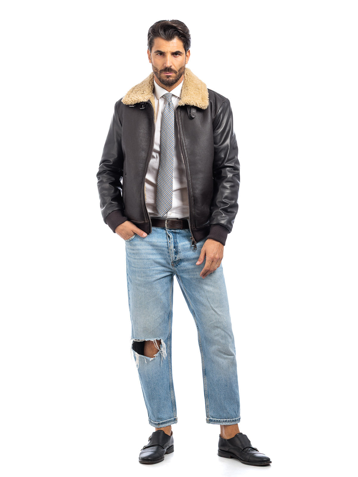 Bomber montone shearling testa di moro pelo beige con zip