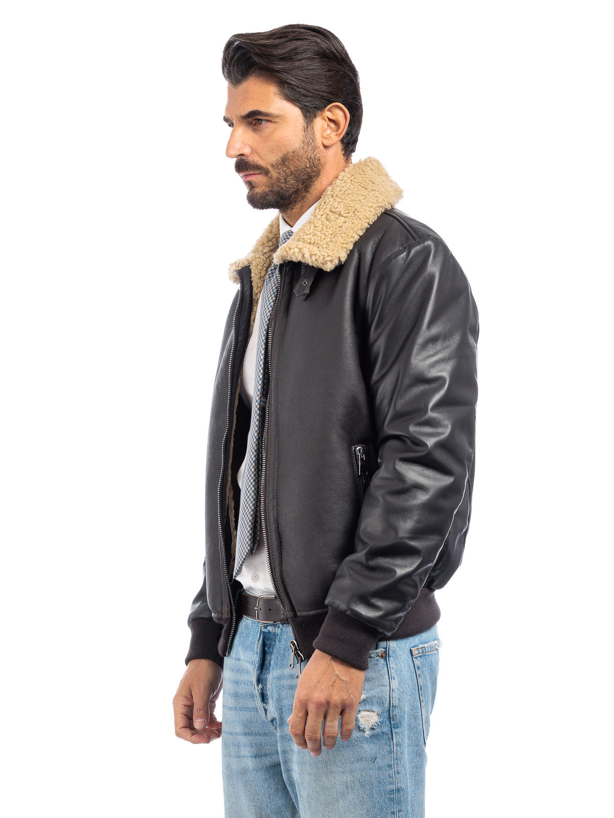 Bomber montone shearling testa di moro pelo beige con zip