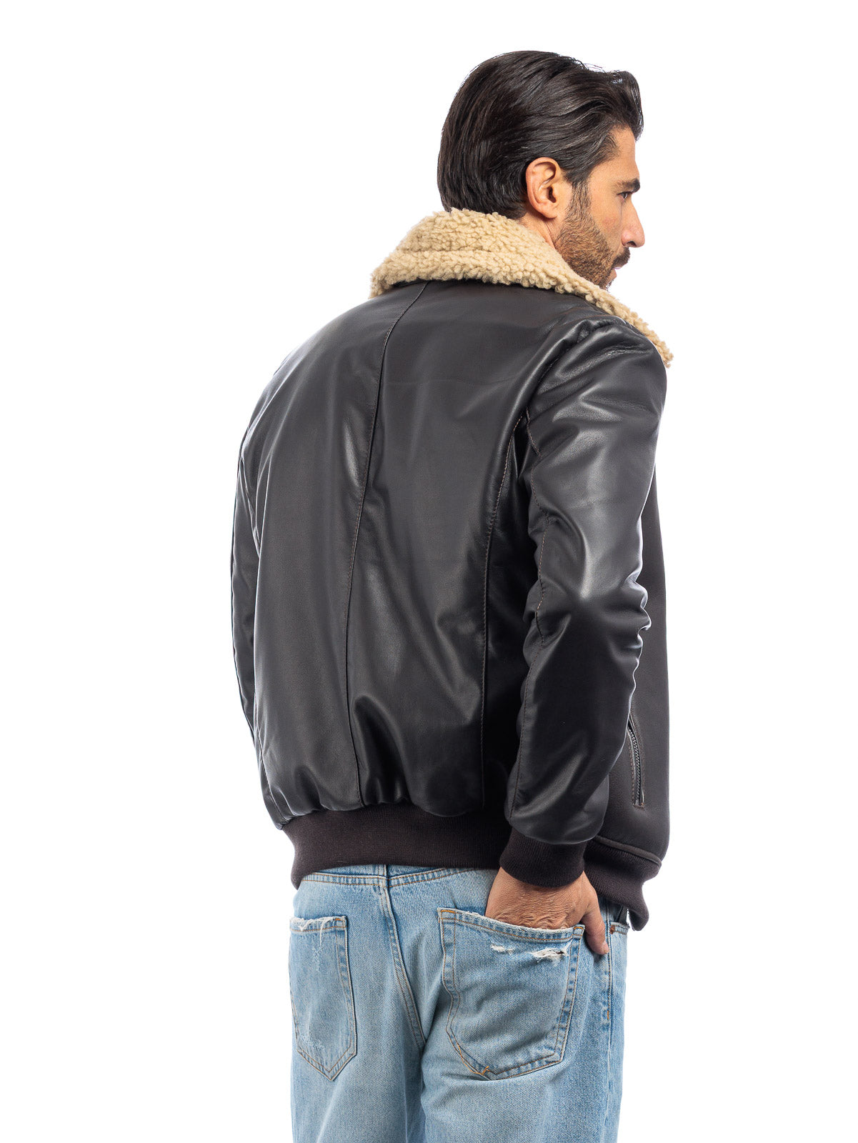 Bomber montone shearling testa di moro pelo beige con zip